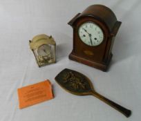 Mantle clock, smaller clock and a carved hand mirror