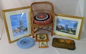 Sm wicker chair, clock, windmill prints etc