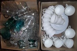 2 boxes with white cups & saucers & glass ware