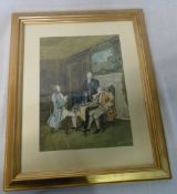 Framed watercolour 'The Chess Game' signed J Barker 13.5" x 10"