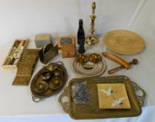 Various brass and treen inc tray, lamp etc