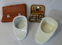 2 slipper bed pans, leather briefcase & men's vanity case