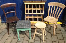 2 country chairs, 2 stools & pine plate rack