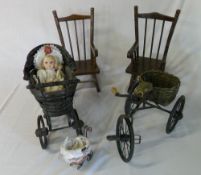 2 miniture rocking chairs, tricycle and two prams