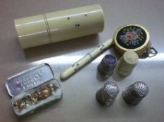 2 Charles & Diana silver thimbles, 2 other thimbles, rolled gold shirts studs, etc