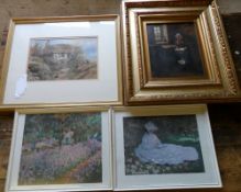 2 Monet prints, M.H. Long watercolour of a cottage scene etc