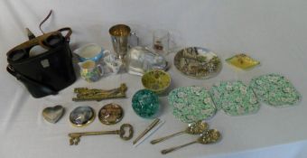 Shelley plates, binoculars, Sheaffer pens, glass paperweights, brass key etc