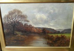 Lg vict framed oil on canvas of a river scene