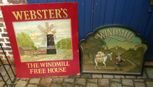 Pub sign 'Webster's The Windmill Free House' & a 'Windmill' sign