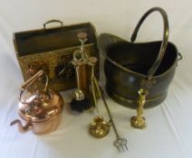 Copper kettle, brass candlestick, chamberstick, coal scuttle etc