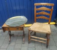 Sm reproduction sofa table, rush seated ladder back chair & a brass islamic tray