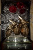 3 Royal Dux elephants (all missing tusks), sel of glass ware & small display cabinet