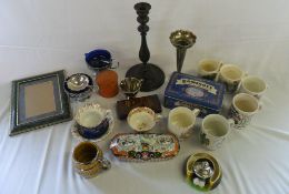 Candlestick, Tin of dominoes, Wade mug, various other mugs inc commemorative etc