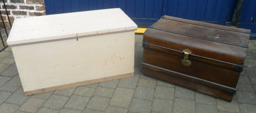 Pine cream coloured blanket box & a tin trunk