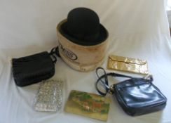 Bowler hat with box & 4 handbags