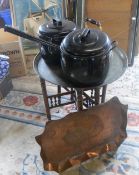 2 'Judge' cooking pans, sm fold out table, copper kettle etc