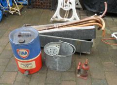 Fina oil drum, jack, galvanized trough, walking sticks etc