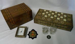Mother of pearl backgammon set, tunbridge style wooden box etc