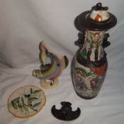 Basalt bird shape whistle, oriental vase with lid, lustre trout ornament & tin glaze dish