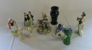 2 Staffordshire figures, geisha figure etc
