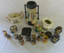 Sel of mainly small Toby jugs, gold plated pt spectacle frames, early 19th cent teapot, tureen etc