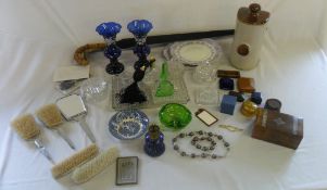 Glassware inc vases, ash trays, lidded pots, ceramic hot water bottle, old jewellery boxes (empty)