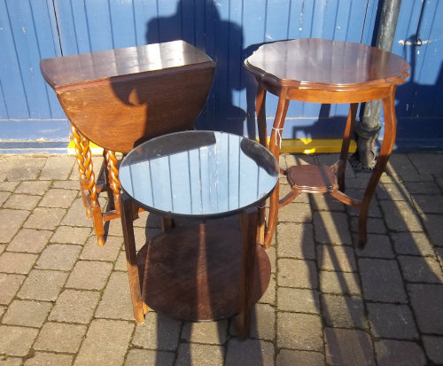 Gate leg table, occasional table & a sm mirror top table