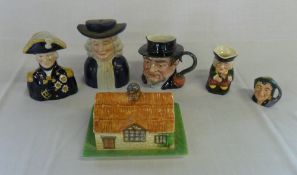 Beswick cottage & character jug, Royal Doulton sm character jug etc