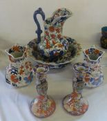 2 Mason's hydra jugs, toilet bowl & jug & 2 Chinese candlesticks