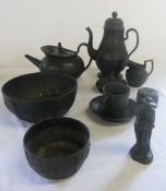 Basalt figure, bowls, lidded pot etc