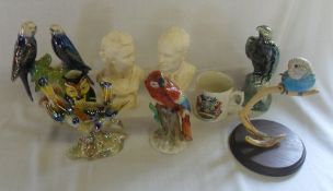 Lustre bird figures, 2 plaster busts etc