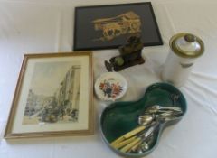 Bamboo picture of horse & cart, 'Temple bar from the Strand' print, S.P cutlery, Beswick dish etc