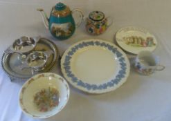 2 teapots, Wedgwood plate, childs plate etc