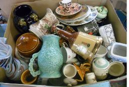 Lg box of ceramics inc whiskey bell, various mugs, Morano style vase etc