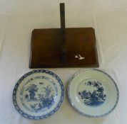 2 19th cent Chinese plates and a wooden shelf