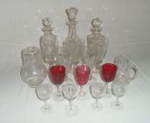 Glass decanters, cranberry glasses etc
