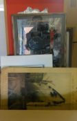 Box of pictures/prints inc train tapestry, Lincolnshire map etc