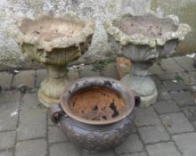 2 concrete urns & a garden pot