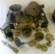 Various brass items inc car horn, candlesticks, bells, bellows etc