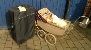 Old pram with dolls & a travel case