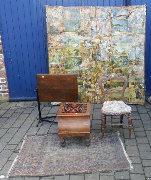 Early 20th Cent bed table, Vict commode/library step, sm rug, screen & chair