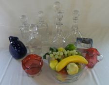 Glassware inc decanters, cranberry glass & fruit bowl with imitation fruit