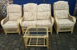 Cane conservatory suit comp of 2 seater sofa, 2 chairs & a glass top table