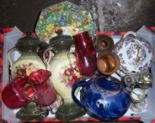 Pr Edw lidded vases, Vict tureen, tea pot, cranberry glass, etc