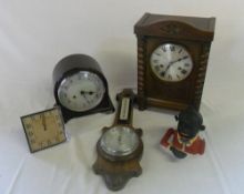 Oak mantle clock, Enfield clock, barometer & a money box