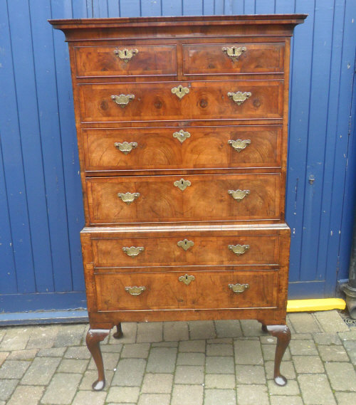 Early Georgian chest on stand with walnut veneer, cross banding  & cabriole legs - some blistering