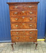 Early Georgian chest on stand with walnut veneer, cross banding  & cabriole legs - some blistering