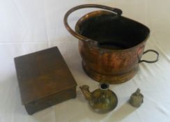 Coal scuttle, wooden box of cutlery, chamber stick with snuffer etc