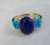 9ct gold lapis, turquoise & diamond ring - size approx T