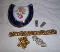 Horse shoe shaped trinket pot & costume jewellery